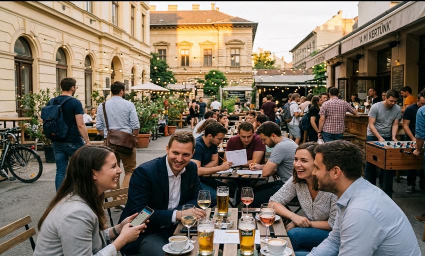 Fiatal felnőttek egy budapesti hangulatú szabadtéri kézműves söröző teraszán beszélgetnek, kávéznak és söröznek munka után, meleg délutáni fényekben.